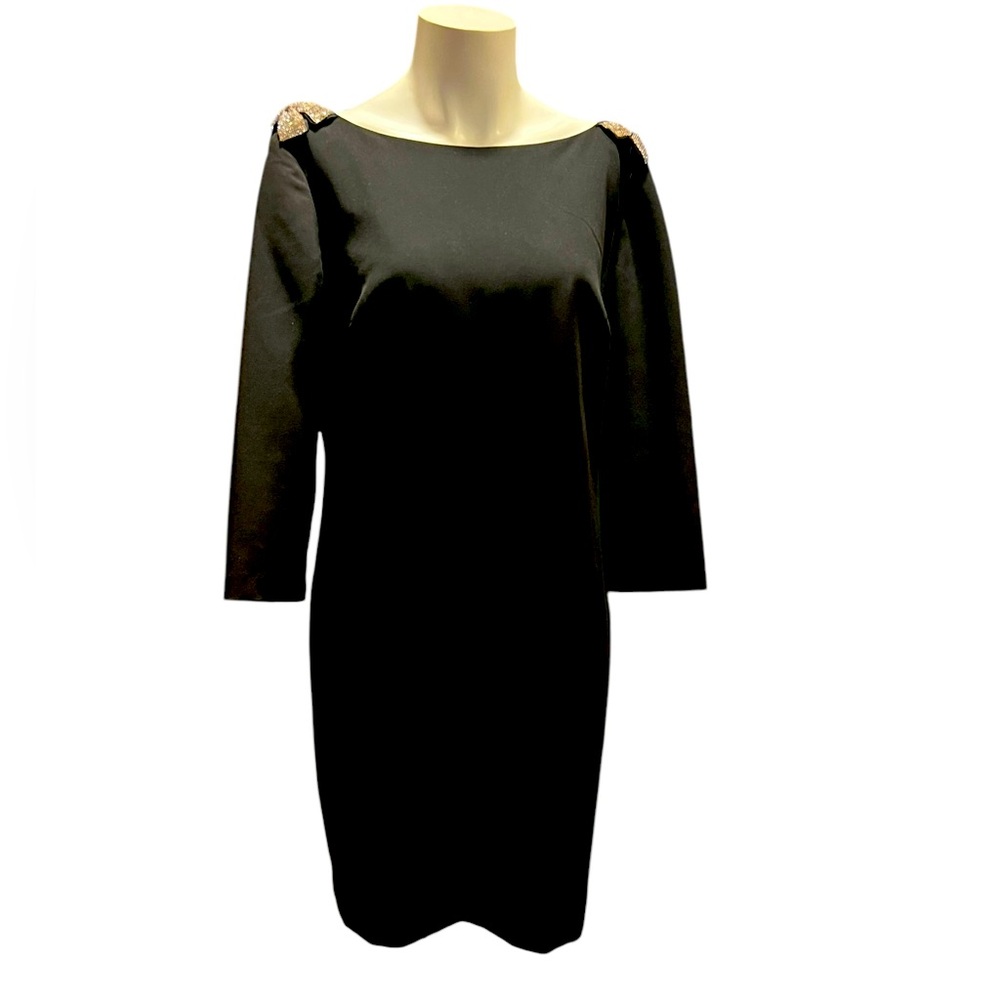 TRINA TURK Black Gora Crystal Bow Shoulder Lined Shift Dress Size 10